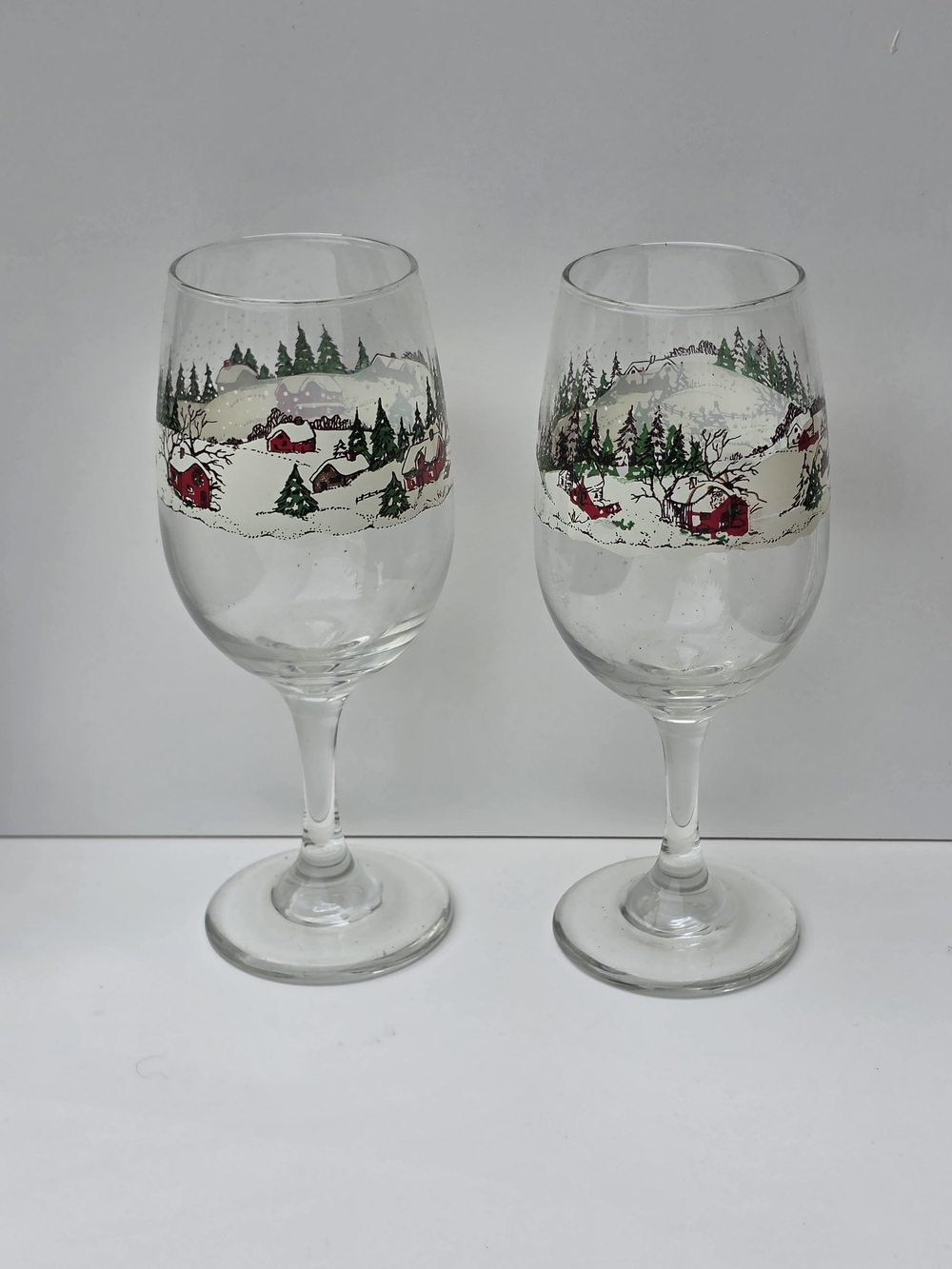 Vintage Libbey Winter Village Christmas Wine / Water Goblets Set of 2